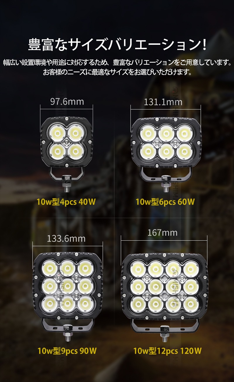 LED作業灯 12V 24V対応 40W 60W 90W 120W ワークライト 防水 防塵 高