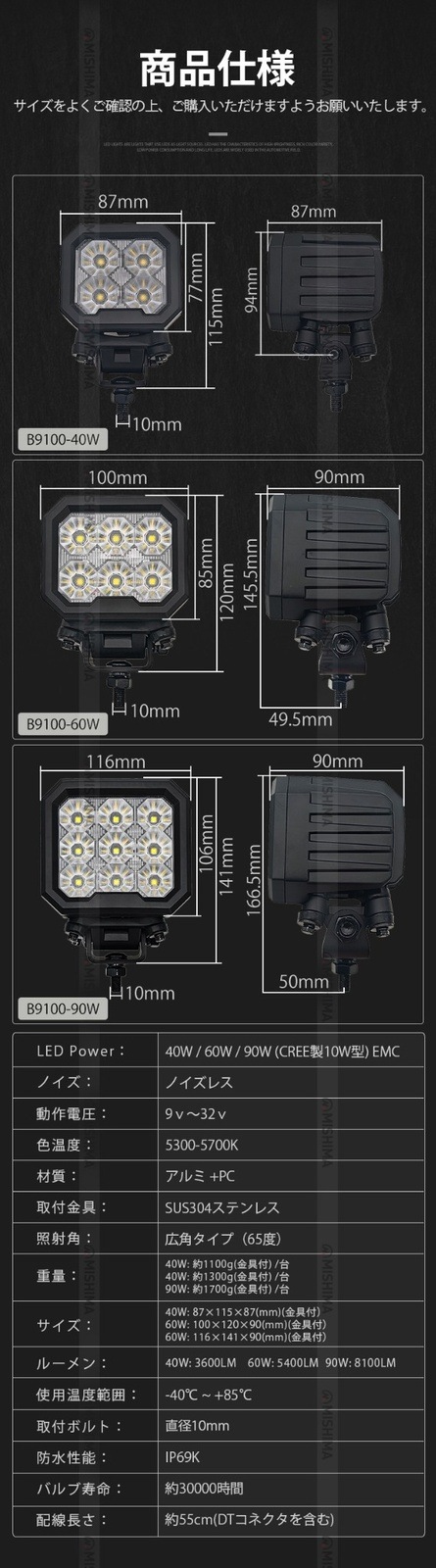 LED作業灯 40W 12V 24V 兼用 オールブラック CREE製 LED ワークライト