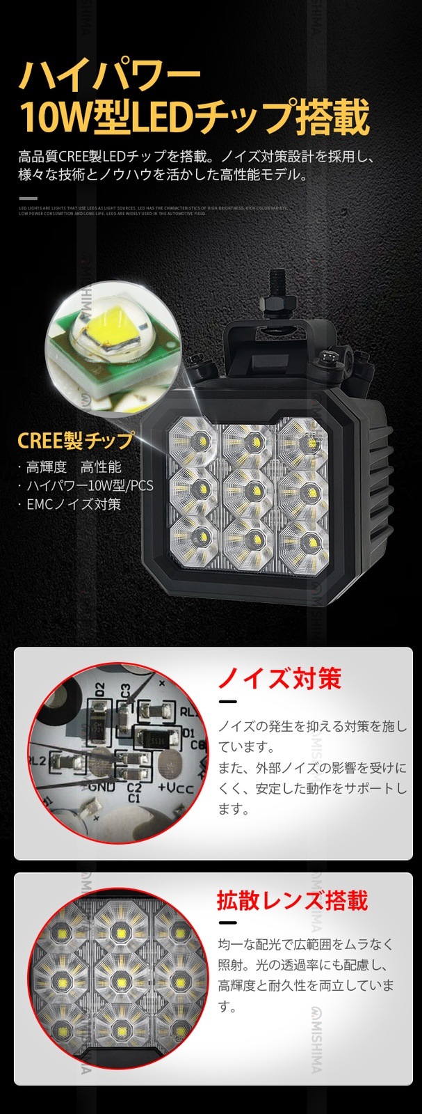 LED作業灯 40W 12V 24V 兼用 オールブラック CREE製 LED ワークライト
