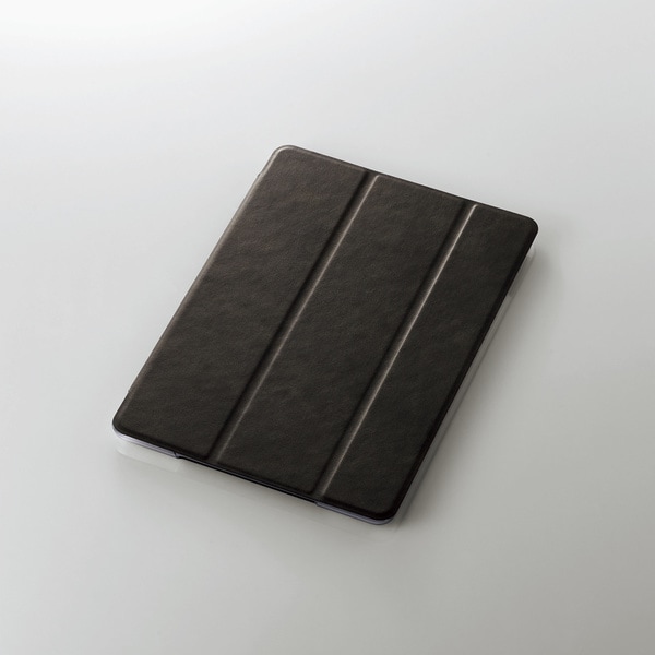 iPad 10.2 2019年モデル／フラップケース／背面クリア／ソフトレザー／２アングル／スリープ対応／ブラック