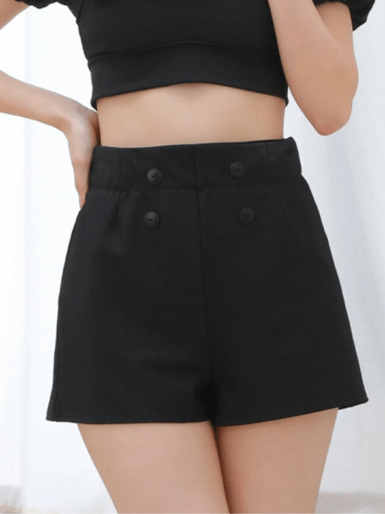 無地ボタン付きAラインハイウエストショートパンツ(248010)