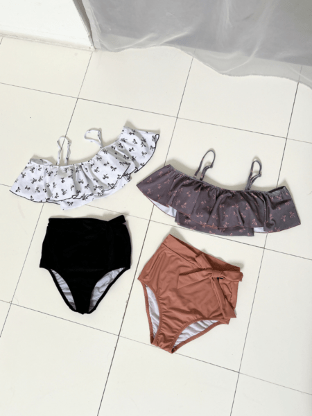 リボン柄ハイウエストオフショルダービキニ(258005)