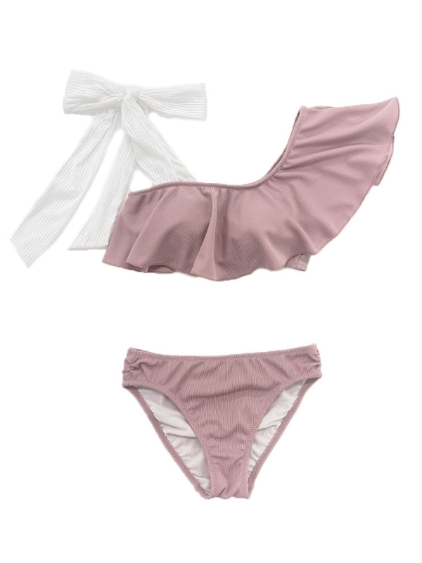 【新作】無地リブ素材フレアワンショルダービキニ★ピンク★(258026)