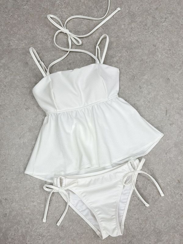 ■ホワイト■無地チョーカー風リボンベアトップビキニ/ベアキニ(258042)