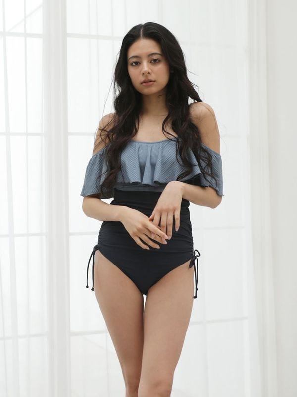 【新作水着】無地リブ素材オフショルダーワンピ見えビキニ(268000)