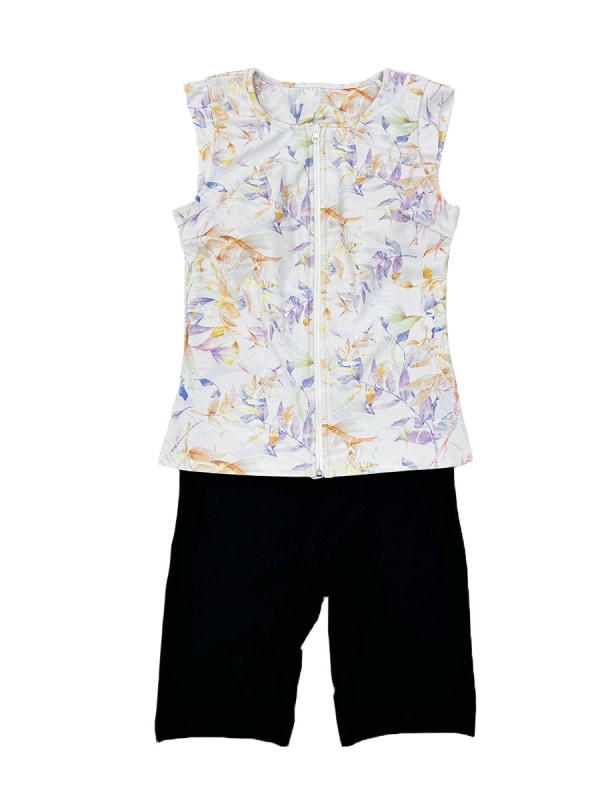 エレガントリーフ柄プチスリーブフィットネス水着(253140)