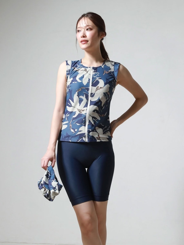 抽象柄プチスリーブフィットネス水着(253144)