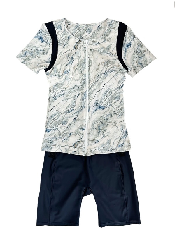 マーブル柄半袖フィットネス水着(243111)