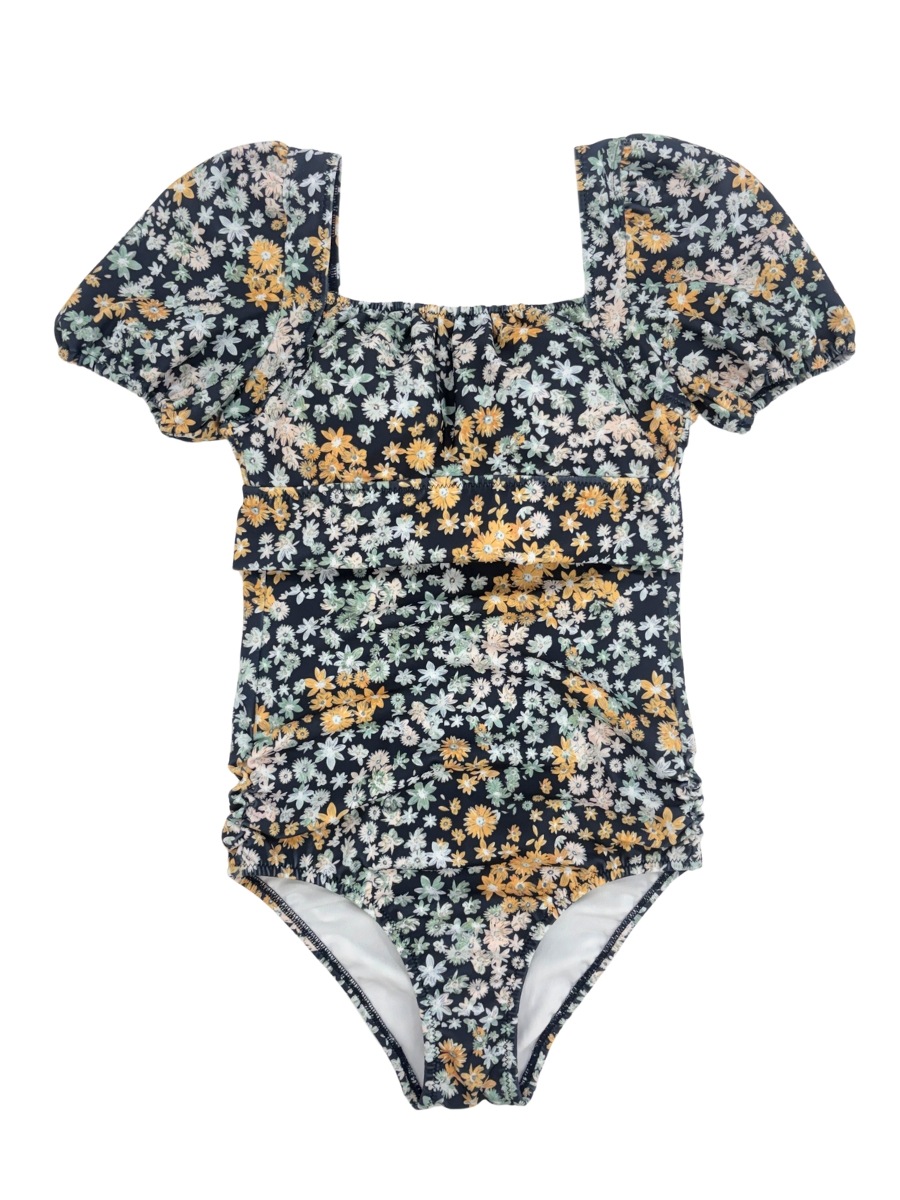 新作水着】レトロ小花柄バックリボンパフスリーブワンピ見えビキニ
