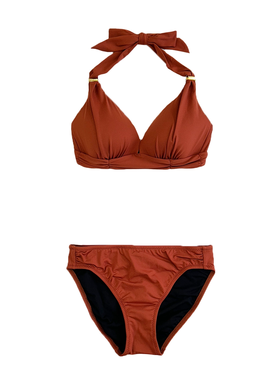 Riberce リベーチェ　無地サッシュホルターネックビキニ　水着　ベージュ 無地サッシュホルターネックビキニ【Gカップ】(245029)｜MIULAN TOKYO