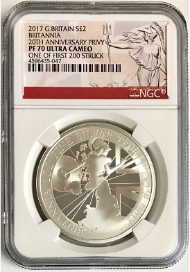 最高鑑定 2017 イギリス ブリタニア 20周年記念 2ポンド 1オンス 銀貨 ご依頼商品】【銀行振込5%オフ】 2017年 20周年記念 ブリタニア