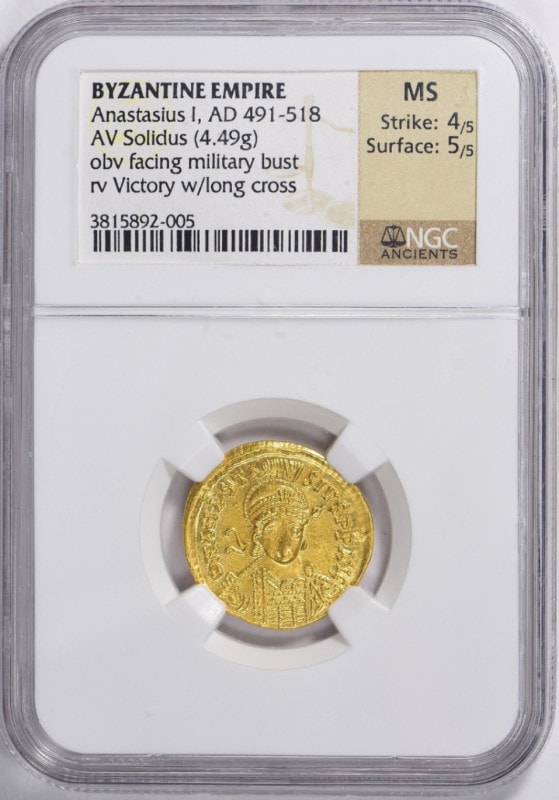 【MS高鑑定品!】【銀行振込割引なし】【会員様割引なし】 491‐518 ビザンティン帝国 アナスタシウス1世 金貨 4.3g NGC鑑定