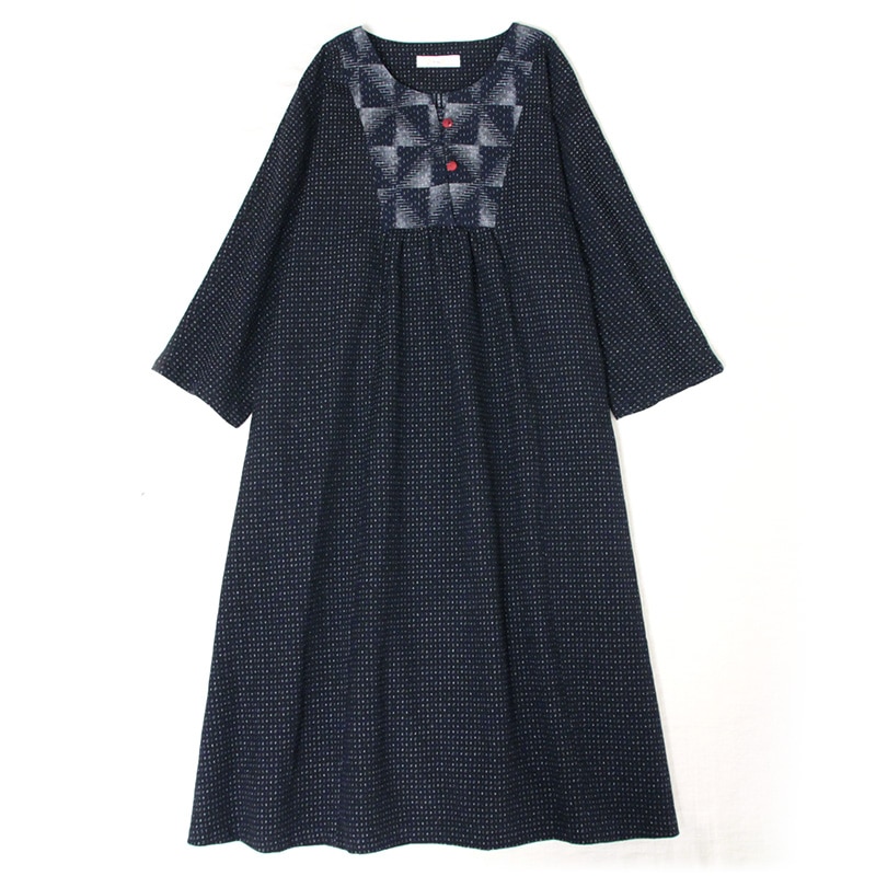 ワンピース [彩藍 ヨーク七分袖] 薄小絣調 黒 綿100％
