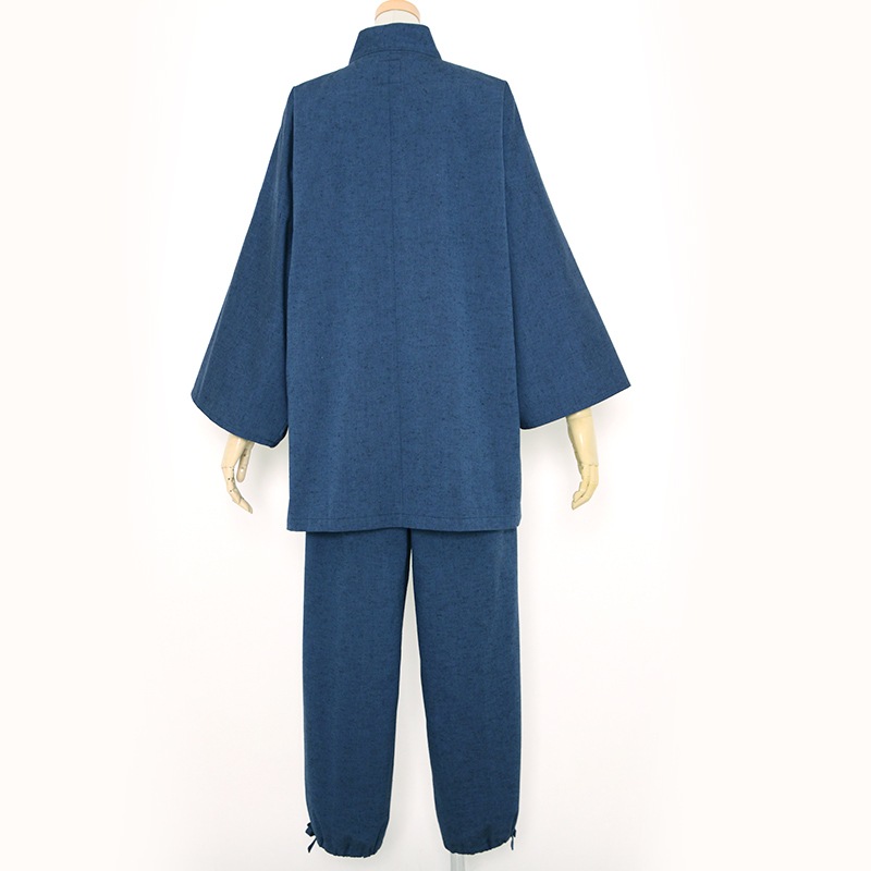 当社人気 無地のブルー 紬織り作務衣の新型 【新型】パンツ両サイド