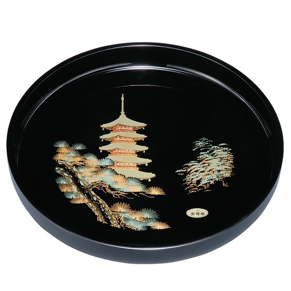 紀州塗り 尺1寸 葵丸盆 五重の塔（金蒔絵） | 盆・膳・トレー,丸盆