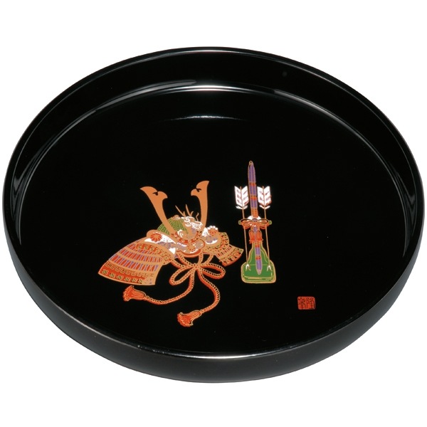 紀州塗り 尺寸 丸盆 黒金蒔絵 かぶと | 盆・膳・トレー,丸盆・半月盆
