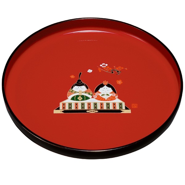 紀州塗り 8寸 丸盆 朱 招福雛 24cm ひな祭り お盆 トレー 丸 和雑貨