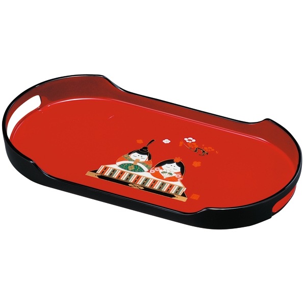 紀州塗り 尺2寸 コーヒートレー 朱 招福雛 【ひな祭り お盆 取っ手