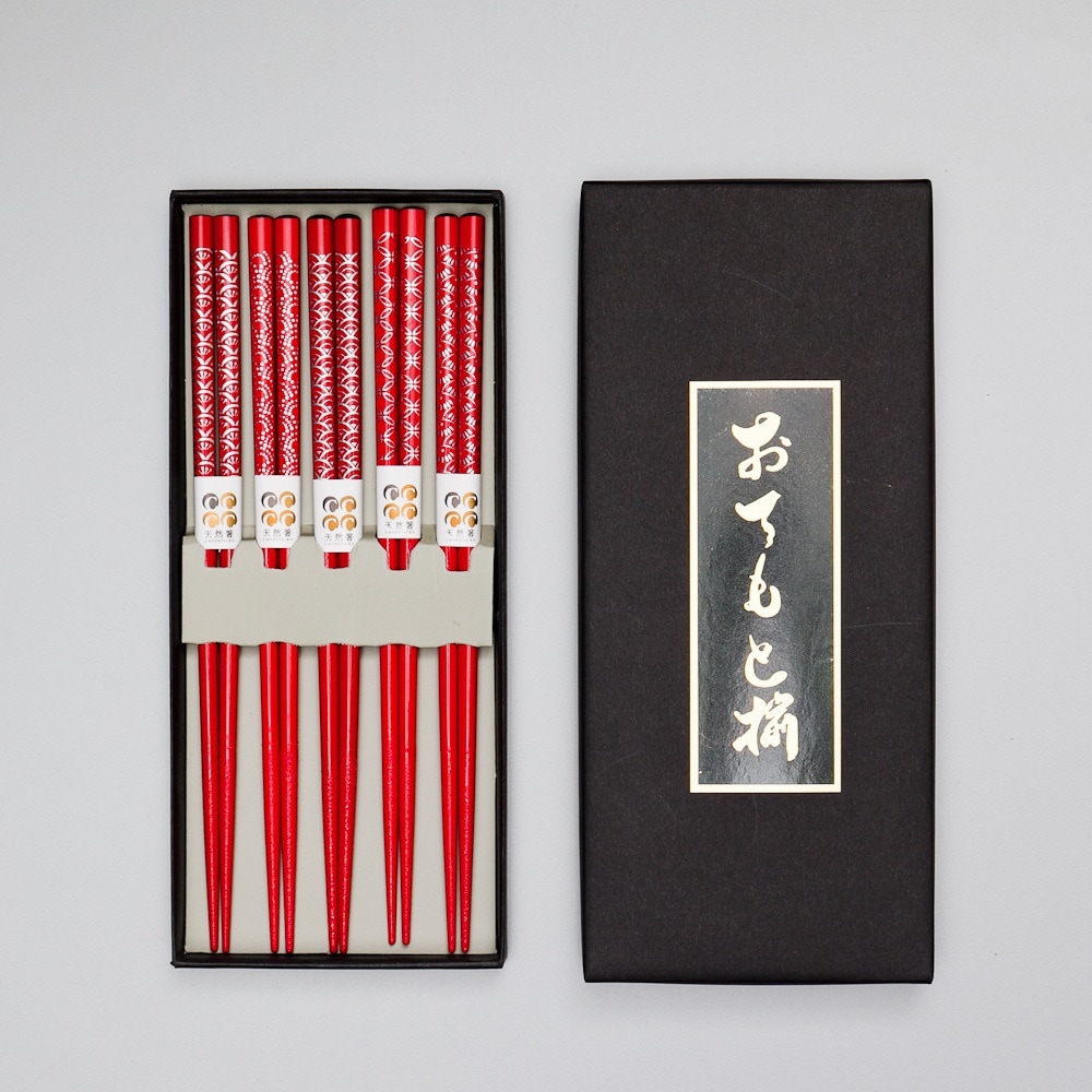 木製 波状デザイン 赤い箸 3膳セット 天然木製 お箸 5膳セット おはし 箸 日本紋様 赤 ギフトBOX入り | 箸