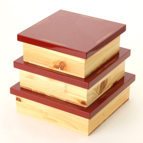 天然木製 紀州塗りNjeco汎 正角切溜三入子 変り根来塗り（赤