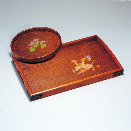 天然木製 長手盆・丸盆セット 金彩兜 漆塗り | 盆・膳・トレー,丸盆