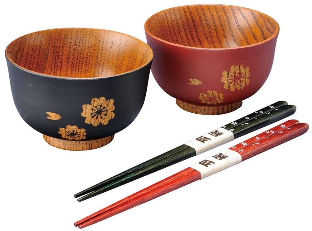 天然木製 さくら 夫婦椀セット 箸付き ギフトBOX入り お箸 おはし | 汁