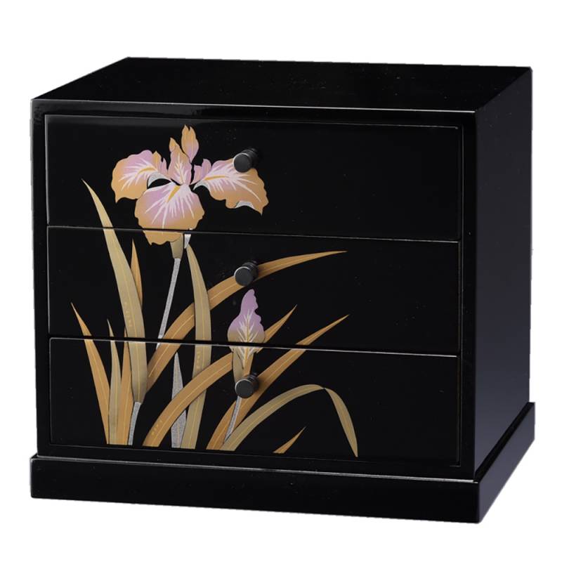 紀州塗り 和風三つ引きタンス 蒔絵 金あやめ 三段 木製 和室