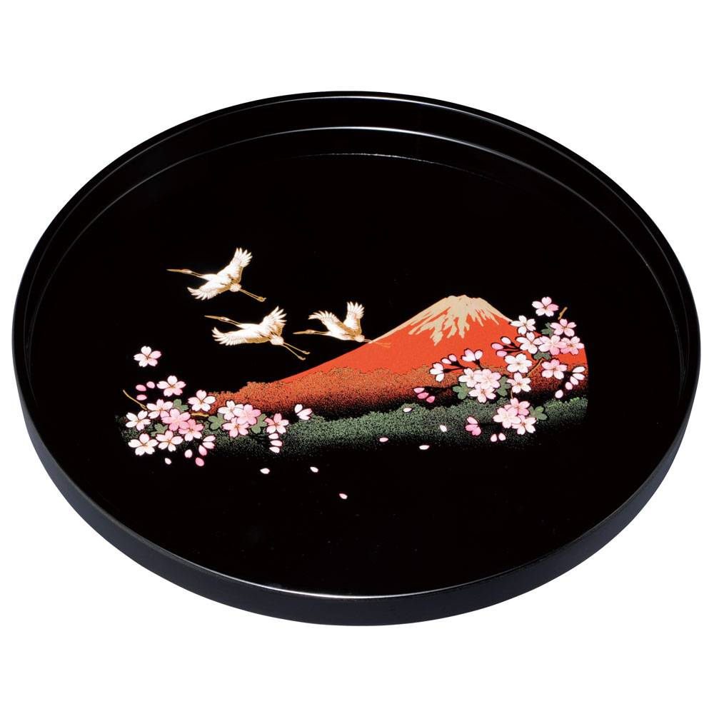 ♥未使用　若狭塗　お盆　φ３３５ｍｍ 紀州塗り お盆 トレー 10寸 29.5cm 丸盆 黒 一富士二鶴三桜 和風 和室