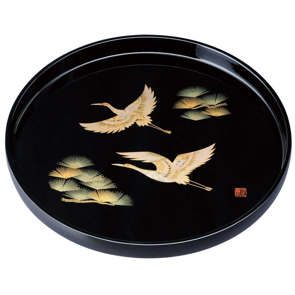皇室紋入り お盆　黒 トレー Amazon.co.jp: 上品な菊紋入り丸盆 金彩蒔絵滑り止め付き黒色
