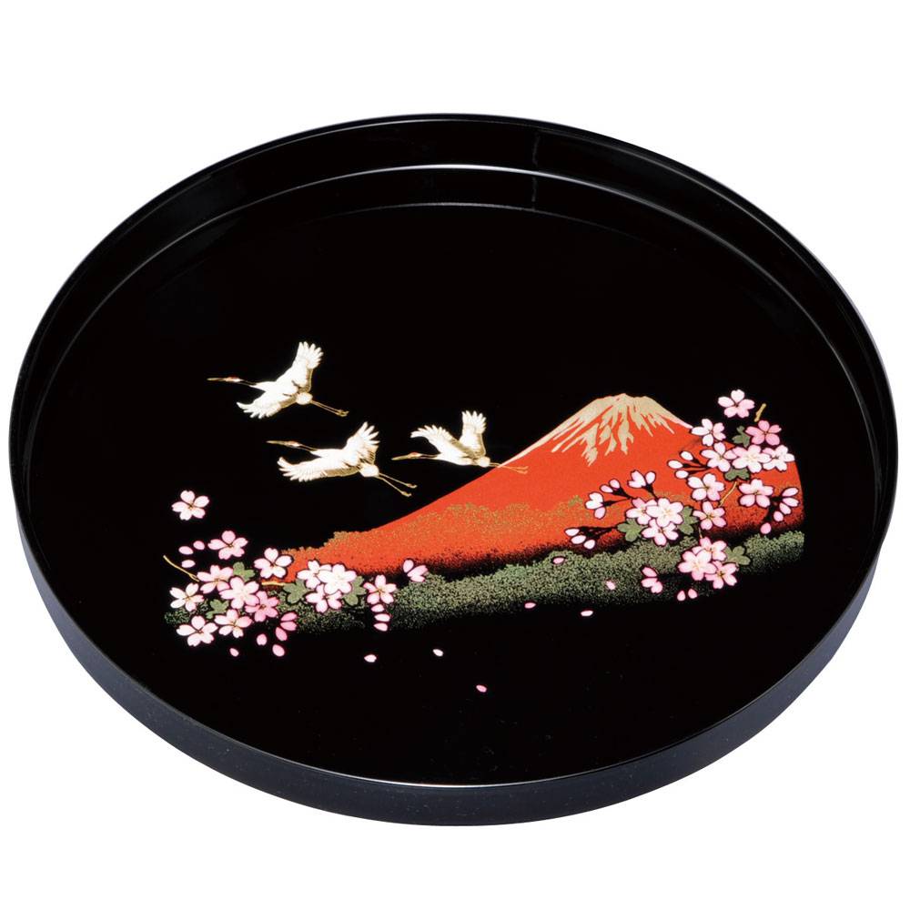 【紀州塗 金渕 天然木丸盆ペア】お盆 紀州漆器 黒 朱 赤御膳 春節 ひな祭り 紀州塗り お盆 トレー 8寸 24cm 丸盆 黒 一富士二鶴三桜 和風 和室