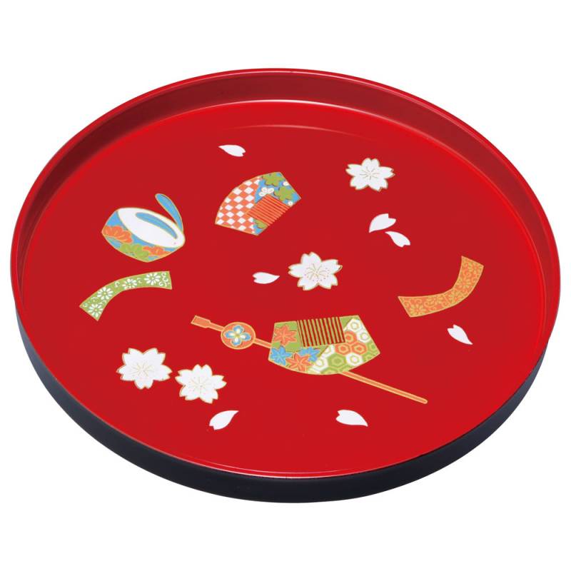 紀州塗り お盆 トレー 8寸 24cm 丸盆 赤溜 花かがり 和風 和室