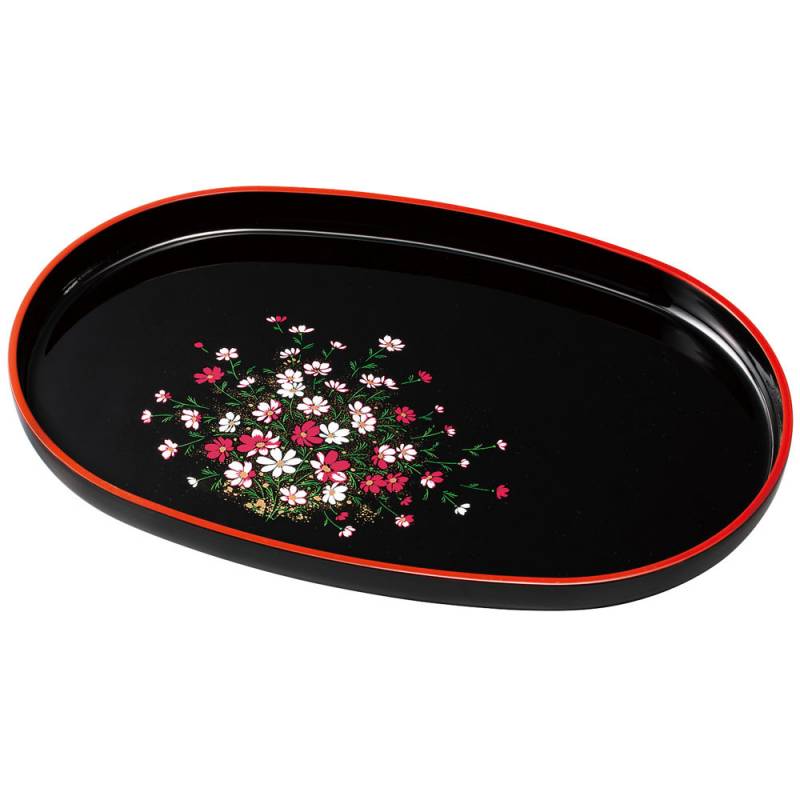 紀州塗り お盆 トレー 14寸 42.5cm幅 小判盆 黒 コスモス 渕朱 金蒔絵