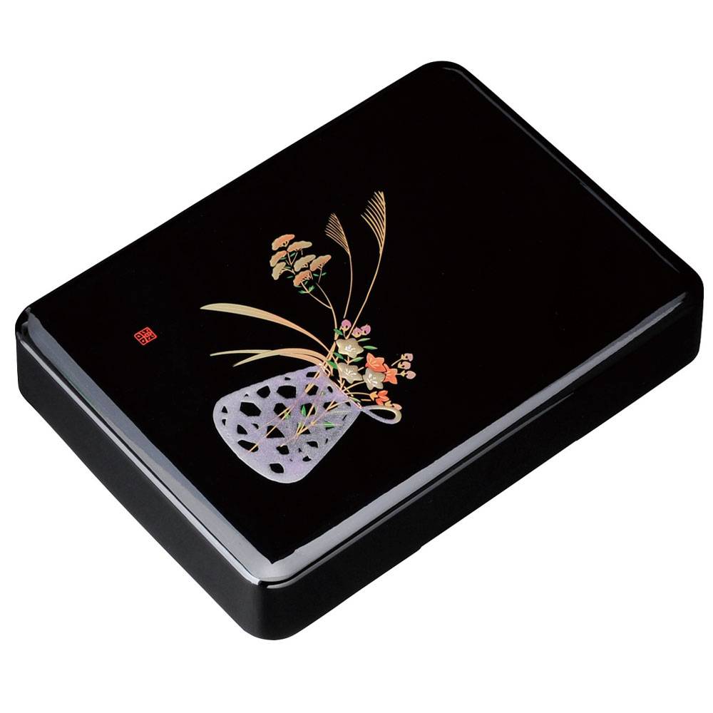 紀州塗り 11寸 34cm 加伏文庫 黒 盛絵花かご 和風 和室 収納