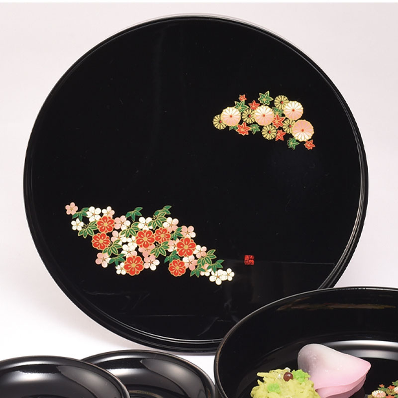紀州塗り DX茶菓セット 黒 和み春秋 丸盆 菓子鉢 茶托 成願義夫