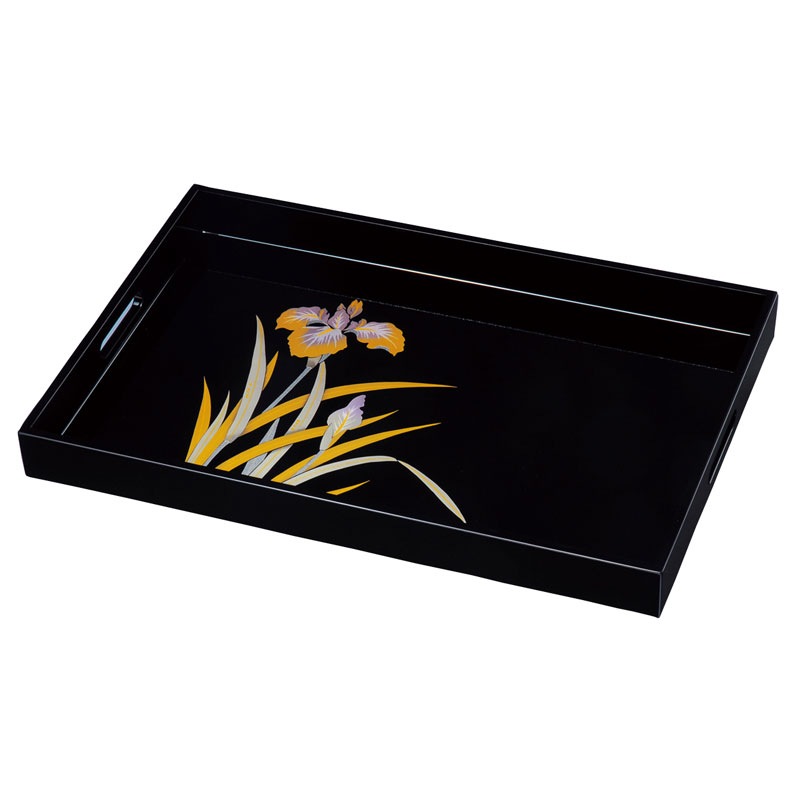 高級漆器 蒔絵 長手盆 鼓・扇文様 黒塗 金彩 角盆 お盆 茶道具 お正月