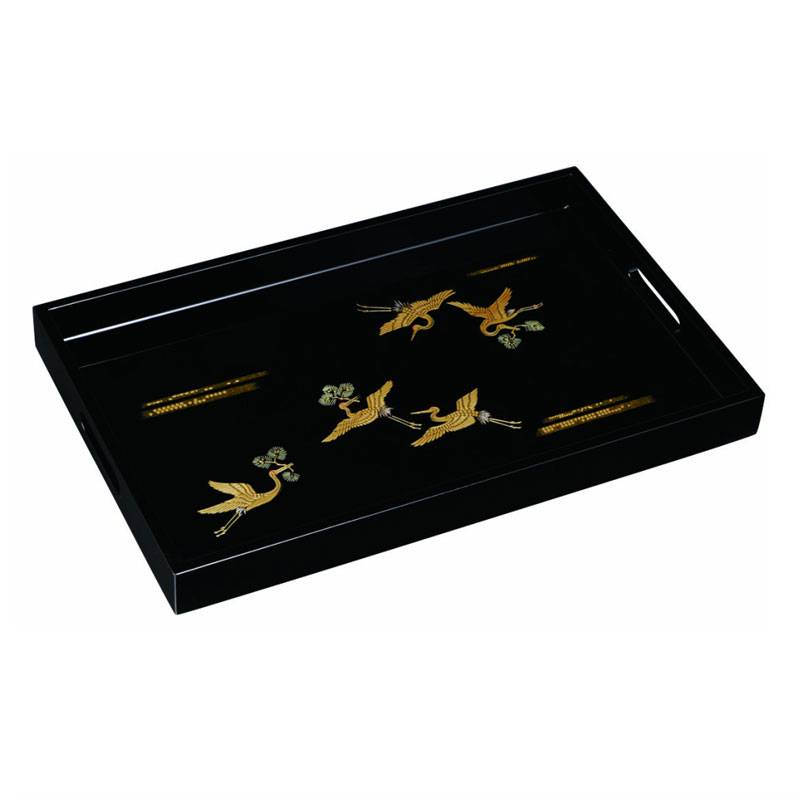【新品】長手盆　黒　木製　漆塗り　若松（金蒔絵・盛絵） 新品】長手盆 黒 木製 漆塗り 若松（金蒔絵・盛絵） 新品