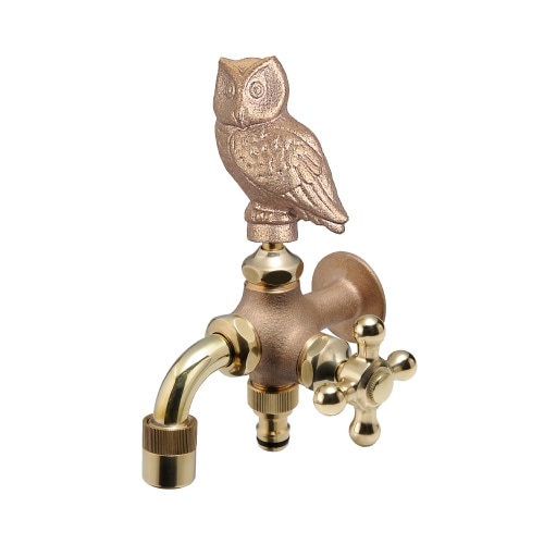 二口万能胴長水栓（ふくろうハンドル・鋳肌）｜2股・2口仕様