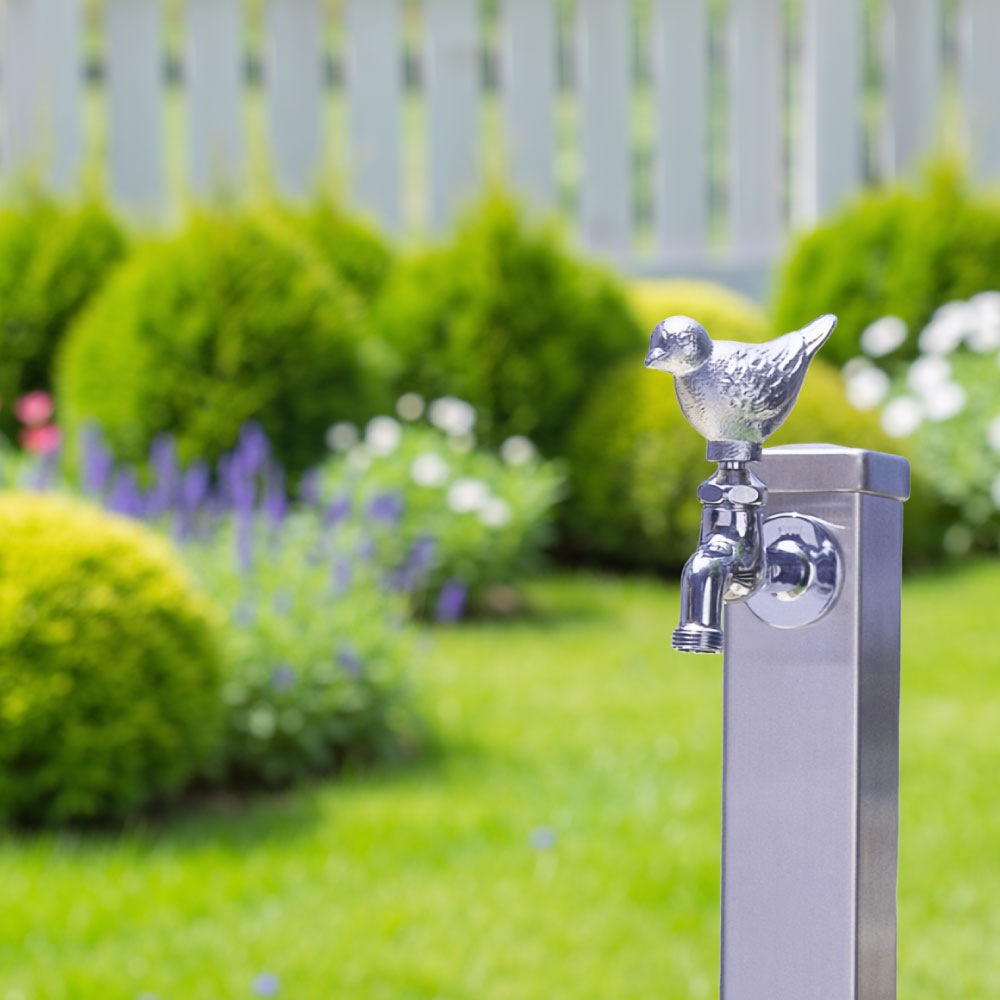 かわいい雀のガーデン水栓（胴長・メッキ）｜動物の形をした、レトロな