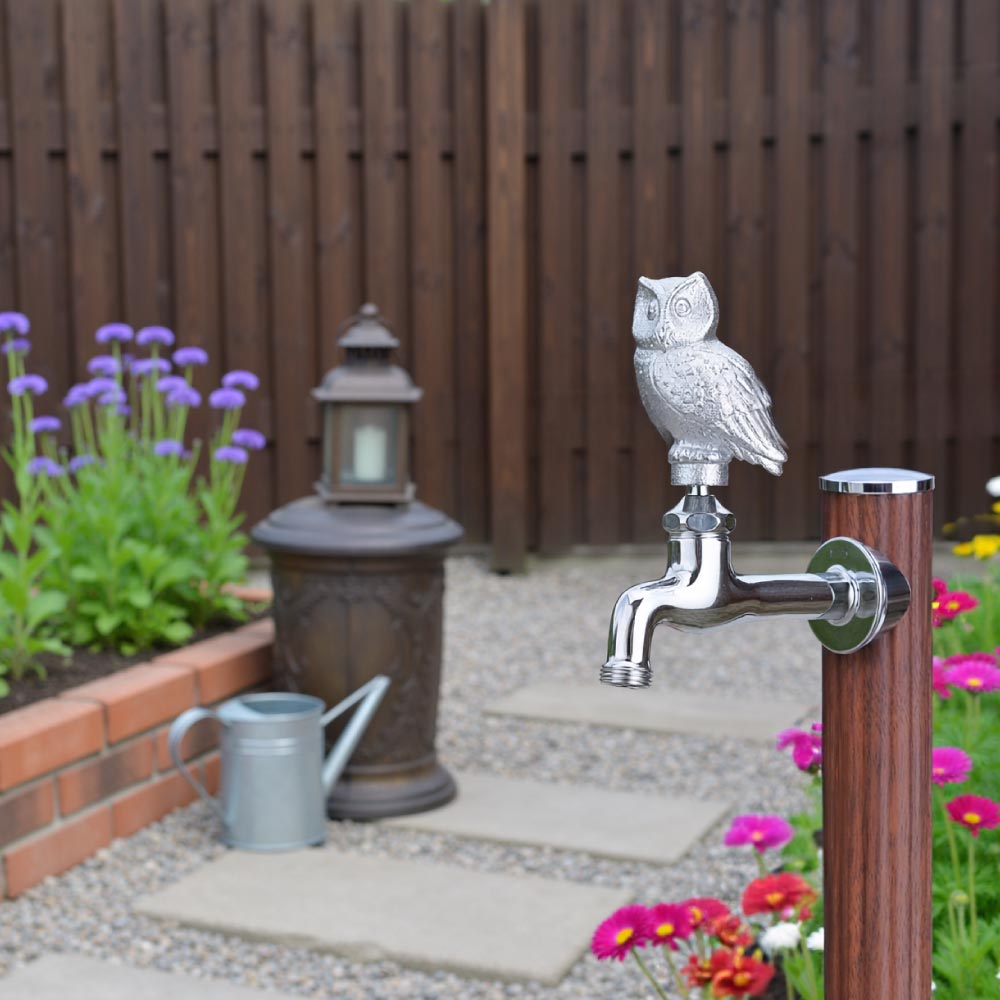 おしゃれな梟のガーデン水栓（胴長・メッキ）｜動物の形をした、レトロ