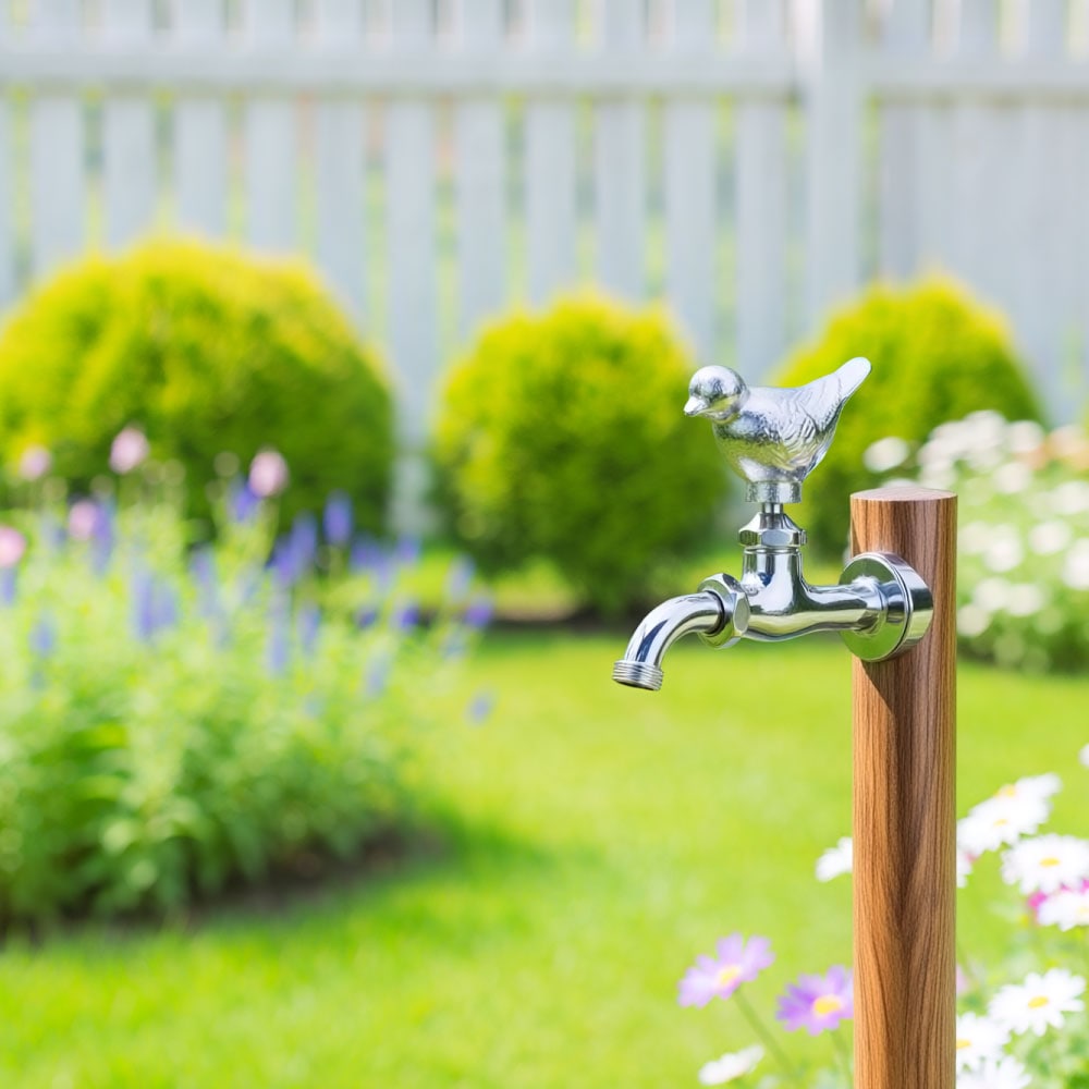かわいい雀の屋外水栓（万能ホーム胴長・メッキ）｜動物の形をした
