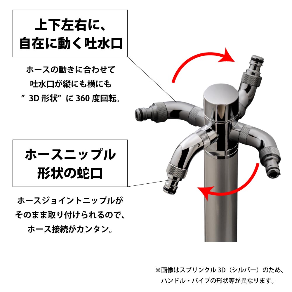 スプリンクルスリムは吐水口が360度回転するので、散水ホースが使いやすい