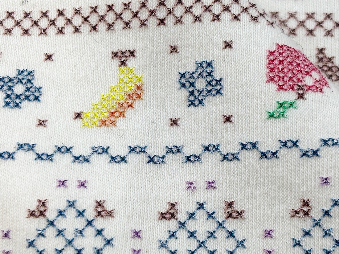 40/コーマスムースニット エクリュ フルーツクロスステッチ柄 | 全ての