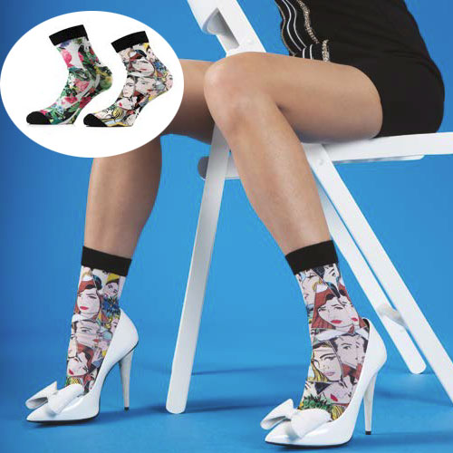 インポートソックス BUGIE 1103 デザインロングソックス 2色：花柄、マンガ柄