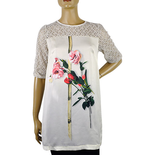 在庫一掃セール  春夏 イタリア インポート カットソー IKO 花柄レース切替チュニック ベージュ