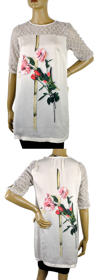 在庫一掃セール  春夏 イタリア インポート カットソー IKO 花柄レース切替チュニック ベージュ