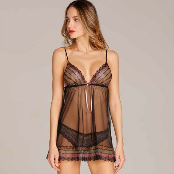 イタリアインポートランジェリー ANDRA 8898 シースルーベビードール・ブラジリアンタンガセット　黒