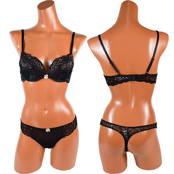 在庫一掃セール イタリアインポートランジェリー LOVE&BRA 24096 レースプッシュアップブラ・t-バックショーツセット　黒