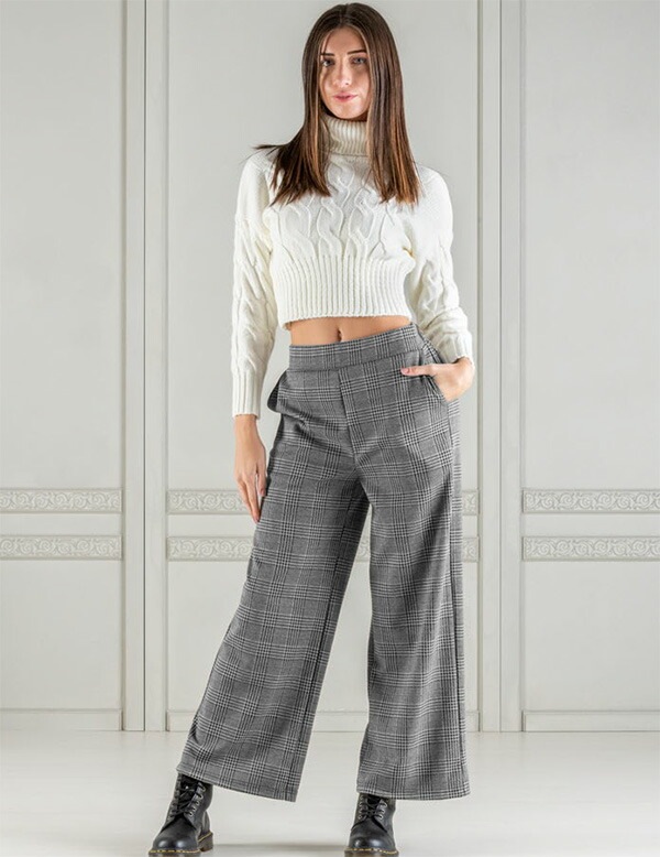イタリアブランドレギンス・パンツ ELETTA MILANO 12303 グレンチェック柄パラッツォパンツ（ワイドパンツ） 白黒