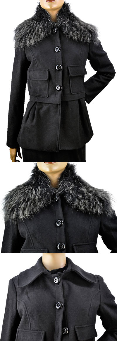 在庫一掃セール 秋冬 イタリア インポート コート IKO ファー付ウール コート 黒