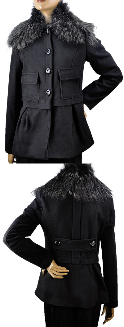 在庫一掃セール 秋冬 イタリア インポート コート IKO ファー付ウール コート 黒